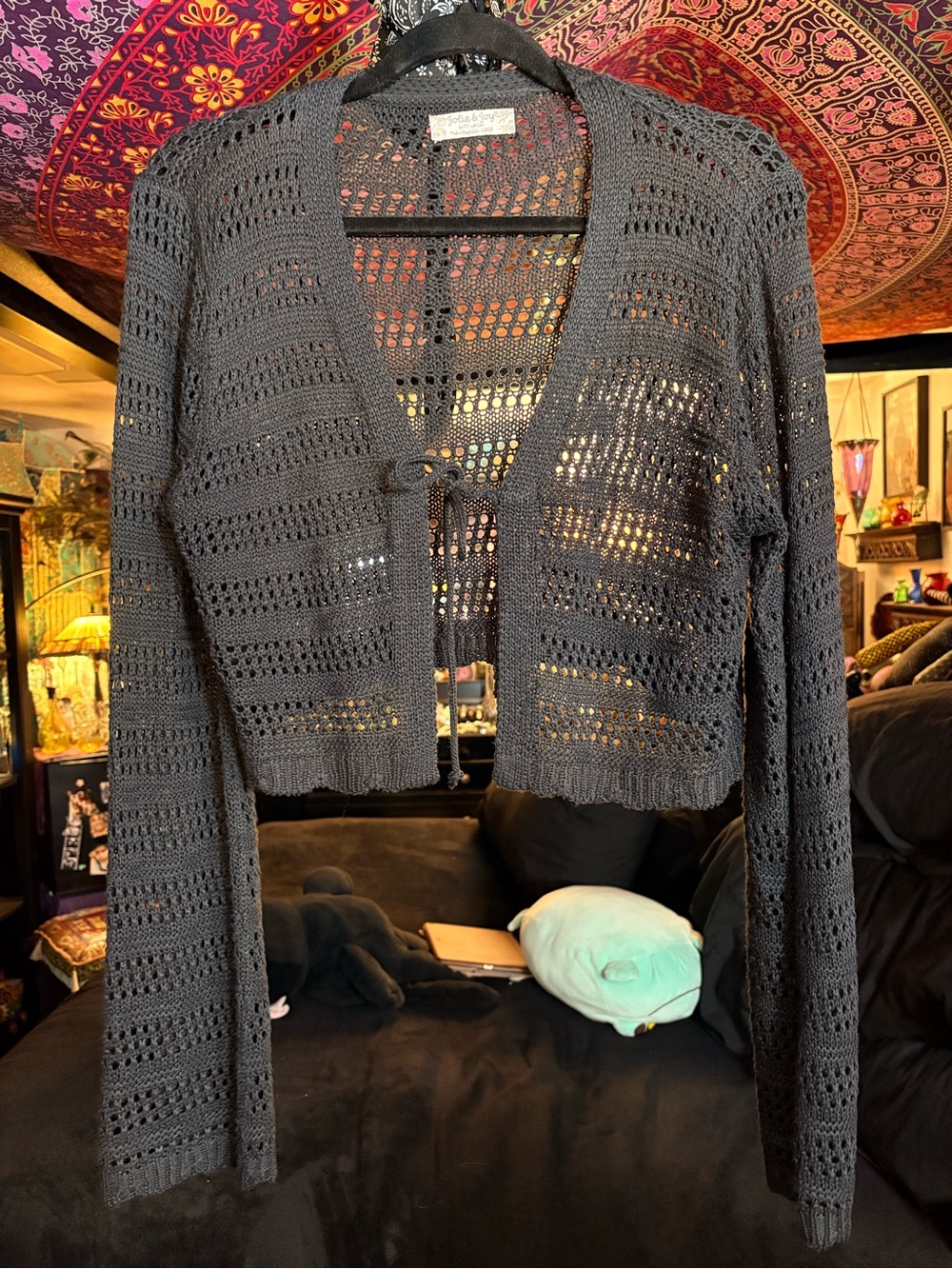 Crochet Tie-Front Black Open-Knit Cardigan NWOT